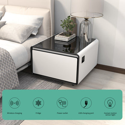 Smart Side Table with Built in Fridge, Wireless charging, Power socket and Human sensor light