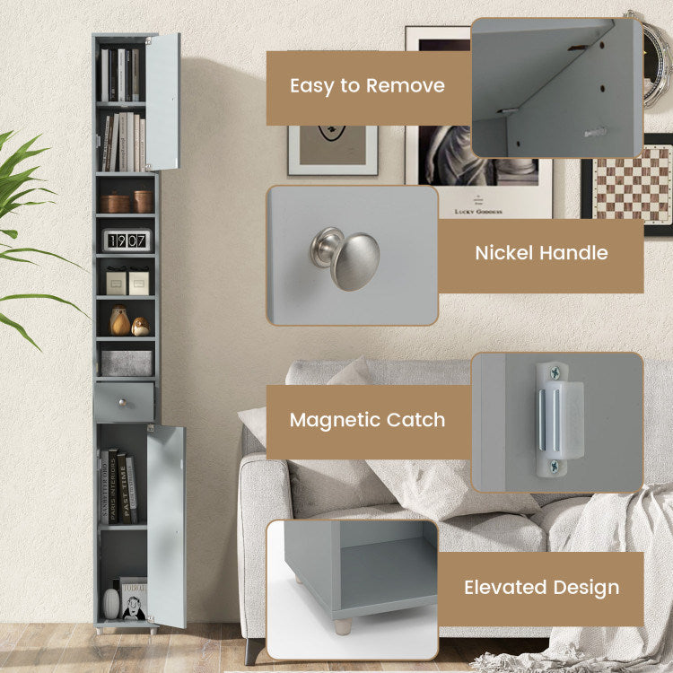 Freestanding Slim Bathroom Cabinet with Drawer and Adjustable Shelves