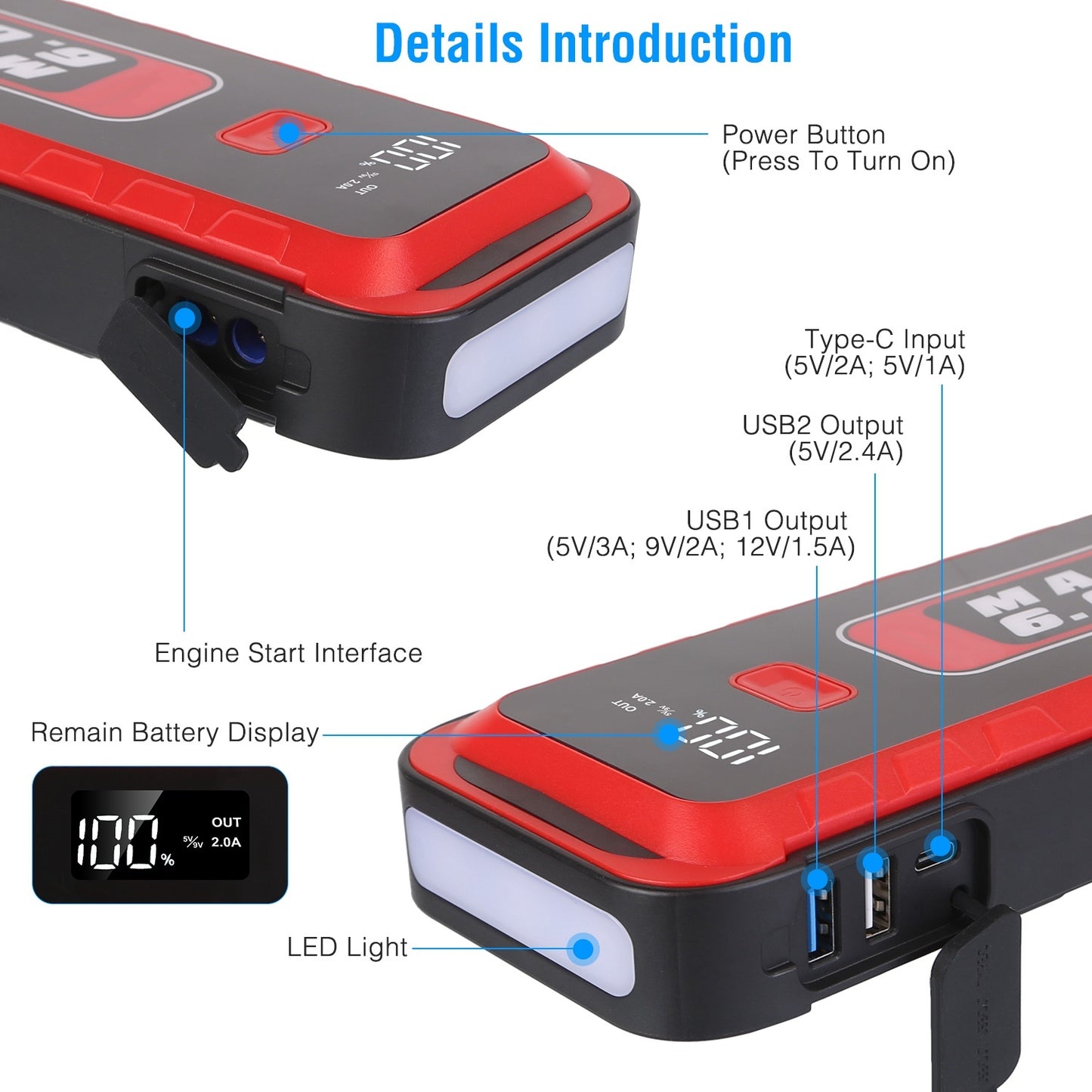Car Jump Starter Booster w LED Light